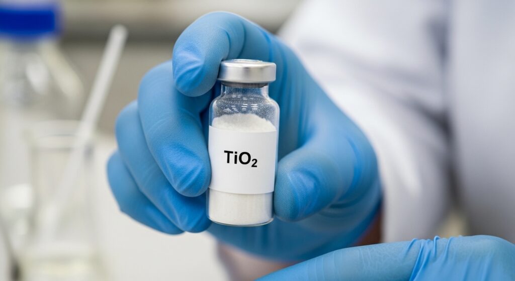 a gloved hand holding a vial of titanium dioxide for analysis