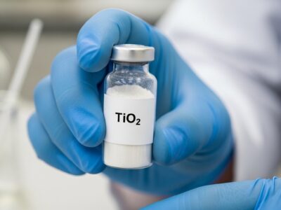 a gloved hand holding a vial of titanium dioxide for analysis