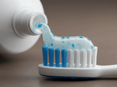 toothpase on a blue and white bristled brush illustrating the importance of toothpaste testing for quality and safety