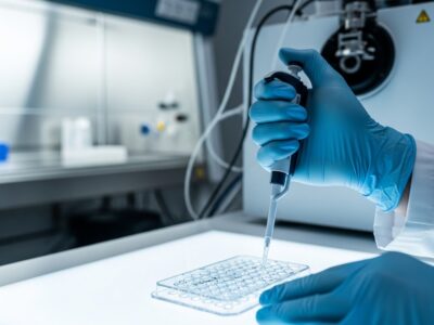 Gloved hands using a pipette to transfer liquid into a well plate for toxicology testing in a laboratory setting.