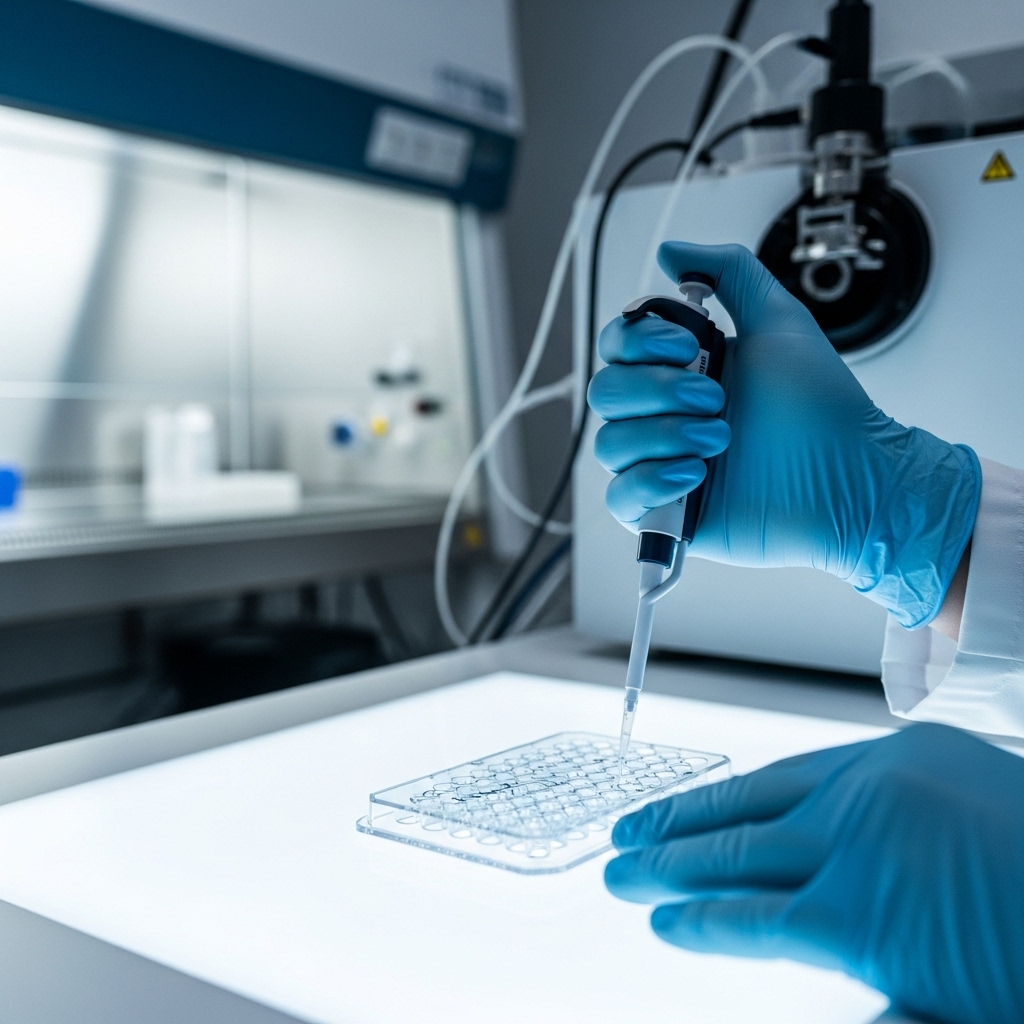 Gloved hands using a pipette to transfer liquid into a well plate for toxicology testing in a laboratory setting.