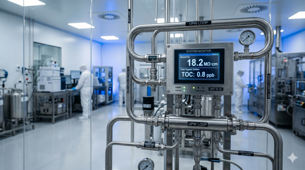 A close-up photograph of an ultrapure water online monitoring system inside a pristine, modern cleanroom.