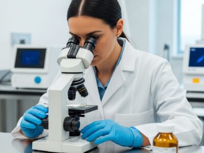 Scientist in a lab coat using a microscope, wearing blue gloves, with laboratory equipment and a brown reagent bottle on the table.