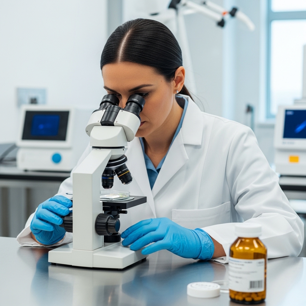 Scientist in a lab coat using a microscope, wearing blue gloves, with laboratory equipment and a brown reagent bottle on the table.