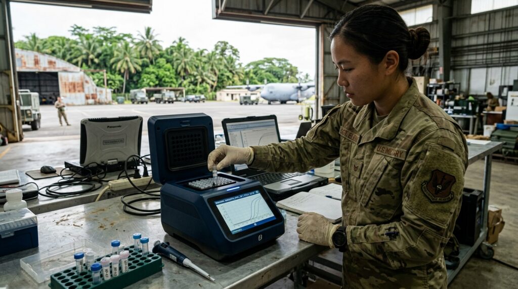A field laboratory technician in military-style tactical gear loads mosquito pool samples into a compact qPCR thermal cycler on an outdoor workbench at an overseas installation, with aircraft hangars visible in the background.