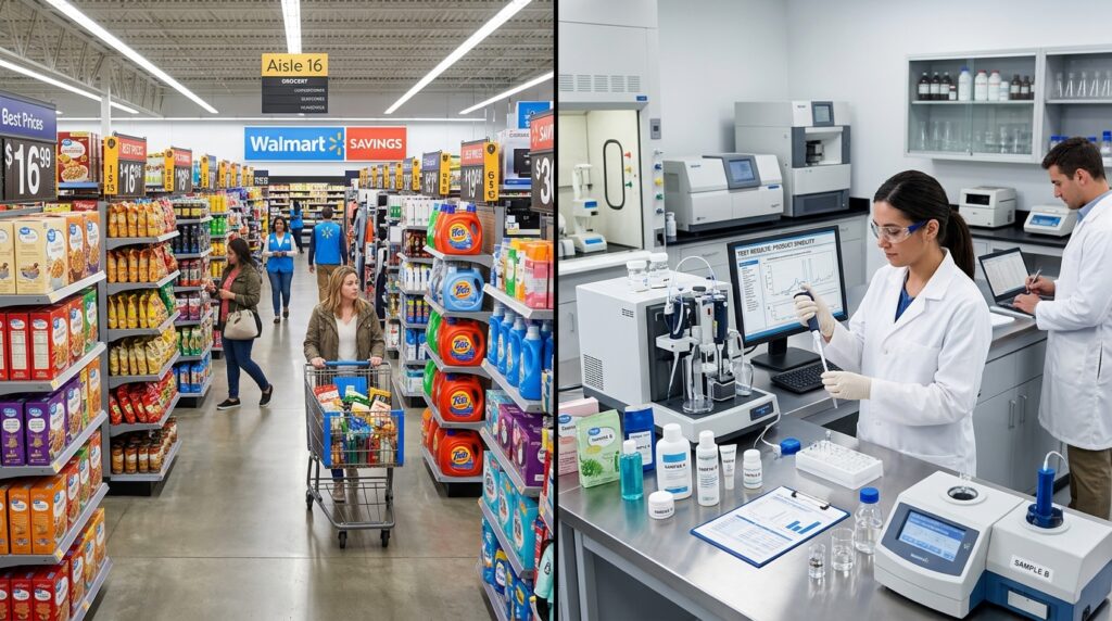 split image showing walmrt shopping on laft and product testing lab on right