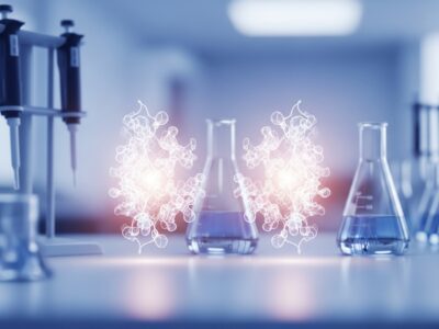 moern lab bench with biosimial glowing molecules among glassware
