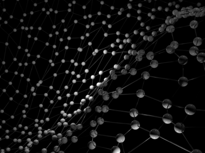 Abstract 3D molecular structure composed of interconnected spheres and lines, representing a crystalline or atomic lattice on a black background.