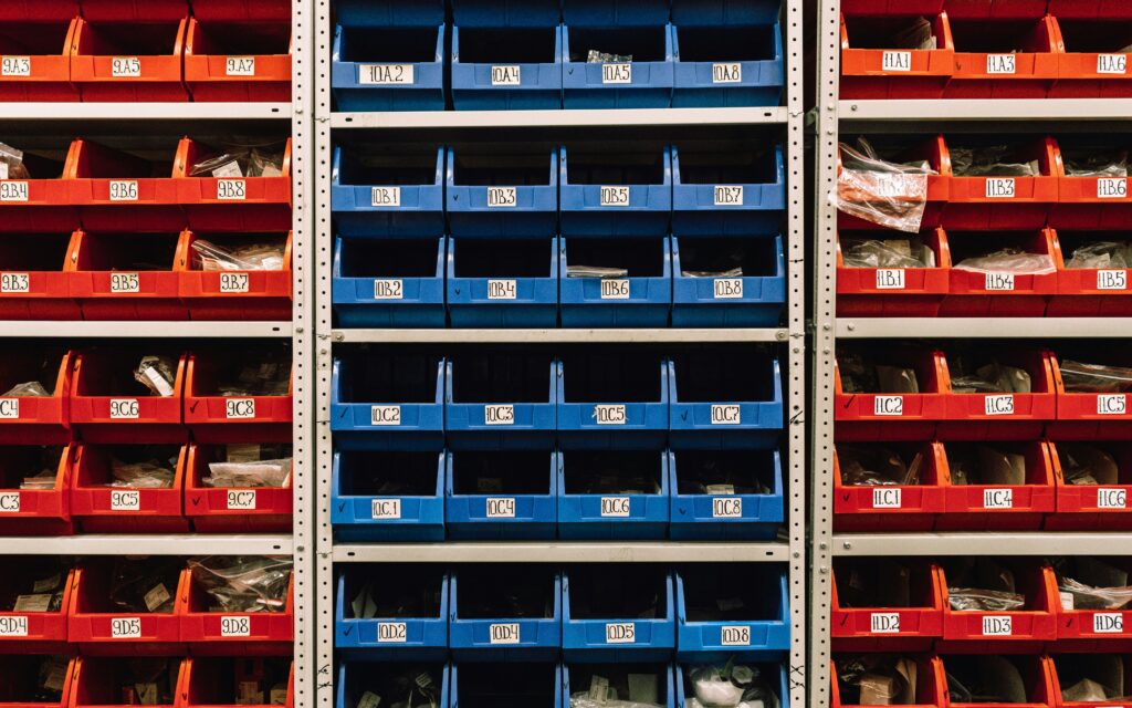 Sample storage containers organized systematically in a lab setting.