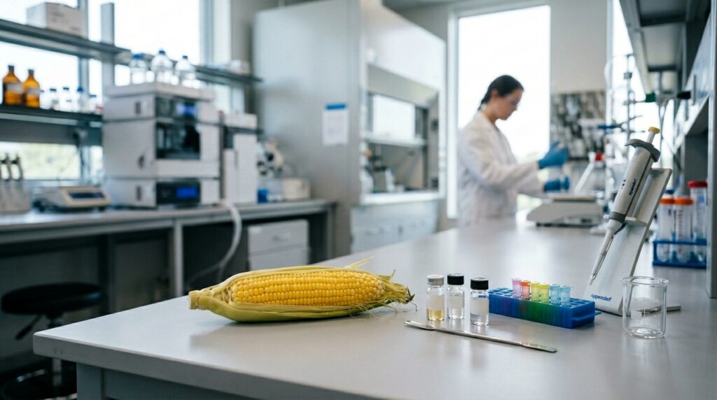 A fresh ear of corn and various small laboratory tools sit on a bench in the foreground while a scientist works in the blurred background of the brightly lit lab.